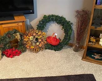Wreaths, Christmas Mantle Stocking Holders, Tall Narrow Bookcase 