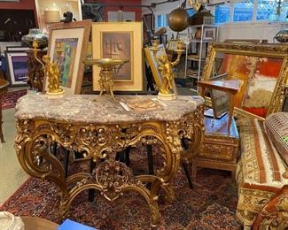Fabulous 19th century guilt wood console. By François Linke it is signed in two places. Valued between $40,000 and $60,000. Firm at $9500.