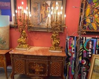 French Napoleon the third style Marquetry & Parquetry with marble top and gilt metal.