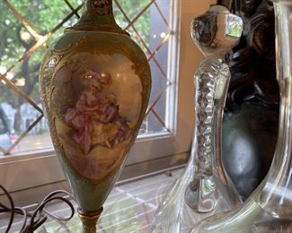 Handpainted, porcelain lamp, signed by the artist with cloisonné