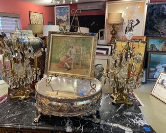 Pair of French bronze, and crystal candelabras. Painting is by John Ward Dunsmore, 1856 to 1945 oil on canvas.