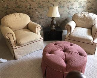 PAIR OF CHAIRS, LAMP AND OTTOMAN