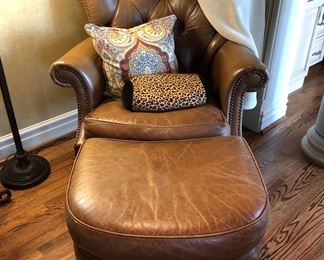 PAIR OF CHAIR AND OTTOMAN BROWN LEATHER
