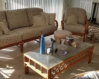 Rattan furnishings, recently reupholstered