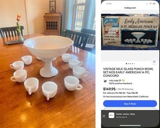Vintage Early American Milkglass punch 14-piece set. 