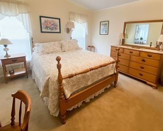  Ellen Harper Collection  Cannonball style maple bedframe, Queen/Full, 4-piece bedroom set includes a 9-drawer dresser with mirror, bedframe, night stand, highboy dresser not in this photo, see other photos.