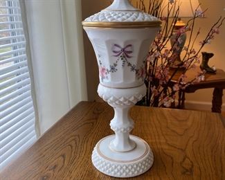 White Milk Glass Candy Dish Vintage Westmoreland Handpainted Roses and Bows Covered Pedestal Dish