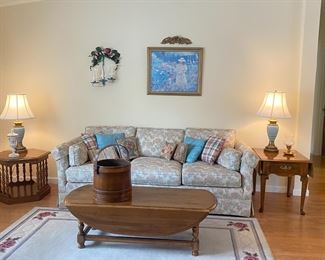 Ethan Allen end tables and coffee tables (2 with drop leaf) sofa & table lamps