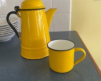 Yellow Enamel Teapot Poland Handle Danish Style Farmhouse Decor 50s 