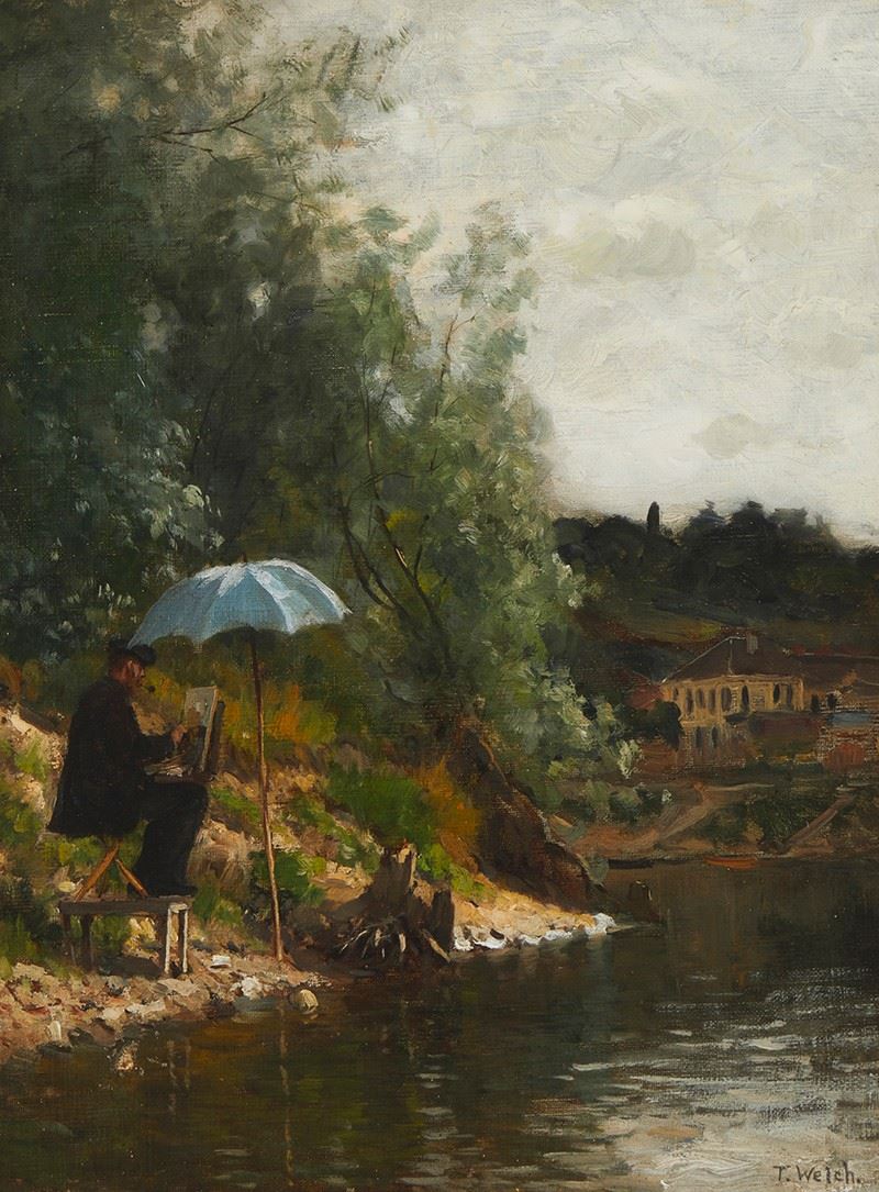 1
Thaddeus Welch
1844-1919
Painter At His Easel
Oil on canvas laid to canvas
Signed lower right: T. Welch.
18" H x 14" W
Estimate: $2,000 - $3,000