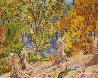 3
George Gardner Symons
1863-1930
"Afternoon Sun (Corn Stacks - Connecticut)"
Oil on canvas
Signed lower right: Gardner Symons; titled on an exhibition label affixed verso
25.25" H x 22" W
Estimate: $3,000 - $5,000