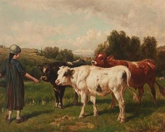 7
Henry Bispham
1841-1882
Young Girl Feeding Cows, 1880
Oil on canvas
Signed, dated, and inscribed lower right: Bispham / Paris 1880
24" H x 36.5" W
Estimate: $1,500 - $2,500