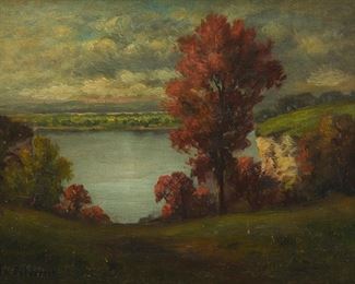 8
Frederick Oakes Sylvester
1869-1915
"Mississippi River"
Oil on canvas laid to board
Signed lower left: F.O. Sylvester; titled and inscribed indistinctly in pencil on a piece of brown tape affixed verso
9" H x 12" W
Estimate: $2,000 - $4,000