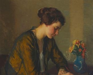 13
Ivan Gregorewitch Olinsky
1878-1962
"Virginia"
Oil on canvas
Signed upper right: Ivan G. Olinsky; titled on exhibition labels affixed to the frame's backing paper
36" H x 30" W
Estimate: $3,000 - $5,000