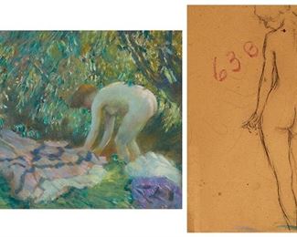 20
Attributed To Lawton Silas Parker
1868-1954
"Study For Preparing For The Bath III"
Oil on paperboard
Appears unsigned; titled from a gallery label affixed to the frame; framed together with an unsigned drawing on beige paper of a nude woman standing, verso
Sight: 6.25" H x 8.25" W
Estimate: $1,000 - $2,000