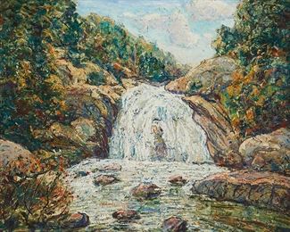 19
Ernest Lawson
1873-1939
"Waterfall," Circa 1928
Oil on canvas
Signed lower right: E. Lawson; titled and dated on a gallery label affixed to the backboard of the frame.
16.25" H x 20" W
Estimate: $10,000 - $15,000