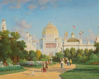 22
John Ross Key
1837-1920
"World's Columbian Exposition, Chicago, 1892"
Oil on artist board
Signed lower left: John R Key; titled on a gallery label, as well as on a copy of Christie's catalogue page, both affixed to the frame's cardboard backing
13.5" H x 21" W
Estimate: $7,000 - $9,000