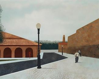 23
Flavio Cabral
1916-1990
Figures Among Architecture
Oil on Masonite
Signed lower left: Cabral
30" H x 48" W
Estimate: $1,500 - $2,000