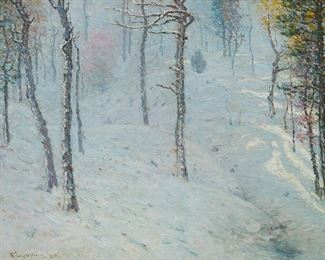 24
John Joseph Enneking
1841-1916
"Snow Scene New England"
Oil on canvas laid to canvas
Signed and possibly dated indistinctly lower left: Enneking; titled on a label affixed to the frame's backboard
18" H x 24" W
Estimate: $3,000 - $5,000