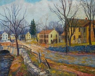 27
Walter Emerson Baum
1884-1956
"Road Across The Creek," 1926
Oil on canvas
Signed lower right: Baum; titled and dated in pencil on the stretcher
30" H x 36" W
Estimate: $7,000 - $9,000