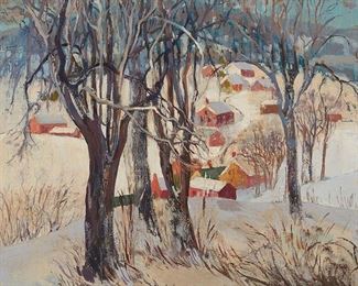 28
Susan Gertrude Schell
1891-1970
"Winter In Pennsylvania"
Oil on canvas
Signed lower right: S. Gertrude Schell; titled on a label affixed to the frame's backing board
14" H x 16" W
Estimate: $1,500 - $2,500