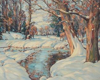 29
Ivan Summers
1889-1964
Stream Through A Winter Landscape
Oil on canvas
Signed lower right: Ivan Summers
25" H x 30" W
Estimate: $1,500 - $2,500