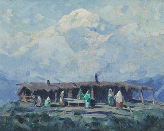 30
Eustace Paul Ziegler
1881-1969
"Eskimo Encampment In Front Of Denali (Mt. McKinley)"
Oil on canvas laid to canvas
Signed lower right: Ziegler; titled by repute on the collector's label affixed to the frame's backboard
9.25" H x 12.25" W
Estimate: $4,000 - $6,000