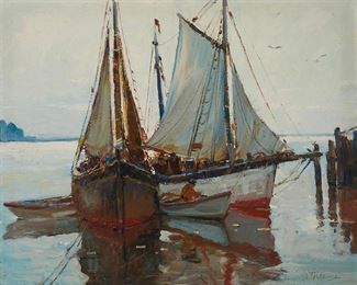 36
Anthony Thieme
1888-1954
"Drying Sails"
Oil on canvas
Signed lower right: A. Thieme; titled by repute
30" H x 36" W
Estimate: $7,000 - $9,000