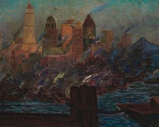 39
20th Century American School
"Gray New York / New York Grigio"
Oil on canvas
Indistinctly signed lower right; titled in ink in both English and Italian, and inscribed No. 23, on part of an old paper label once affixed to the verso of the canvas
22" H x 28" W
Estimate: $5,000 - $7,000