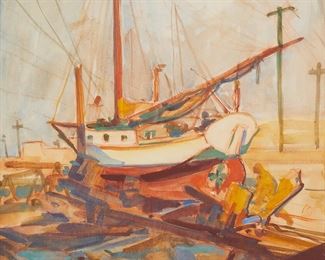 45
Emil Kosa, Jr.
1903-1968
Sailboat In Drydock, 1932
Watercolor on paper
Signed and dated lower right: Emil Kosa Jr.
Sight: 19.5" H x 14.25" W; Sheet: 20" H x 14.75" W
Estimate: $2,500 - $3,500