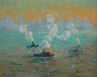43
Van Dearing Perrine
1869-1955
"Tug Boats"
Oil on canvas laid to canvas
Signed lower left: Van Perrine; titled on a label affixed to the frame's backing board
22" H x 26" W
Estimate: $3,000 - $4,000