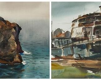 46
Maurice Logan
1886-1997
Seaside Cliff; And "Once A Queen," Circa 1930
Watercolor on double-sided paper
Each work appears unsigned; artist attribution and one title from the frame plaque
Sight of recto: 20" H x 27.5" W; Sight of verso: 20.5" H x 28.5" W
Estimate: $500 - $700