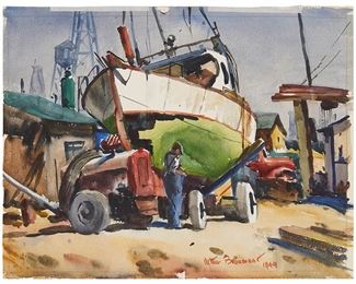 48
Arthur Beaumont
1890-1978
"Long Beach Shipyards," 1944
Watercolor on paper
Signed and dated right of center: Arthur Beaumont; titled on a label affixed to the frame's backing board
Image/Sheet: 15.125" H x 19.125" W
Estimate: $1,200 - $1,600