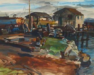 49
Maurice Logan
1886-1977
"Waterfront - Man Bending Down Near Shack," Circa 1940
Watercolor and gouache on paper
Signed lower right: Maurice Logan; titled on a label affixed to the frame's backing paper; inscribed with pencil numbers at the lower right: 127 and 375; inscribed with a red ink number, verso: 253; also inscribed in pencil, verso: Man who worked / for my farm / with Heim Bo died
Image/Sheet: 22" H x 30" W
Estimate: $1,000 - $1,500