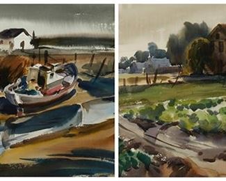 50
Maurice Logan
1886-1997
"Untitled"; And A Cottage On Farmland
Watercolor on double-sided paper
Each work appears unsigned; artist attribution and one title from the frame plaque
Sight of recto: 20.25" H x 28.75" W; Sight of verso: 20.5" H x 28.5" W
Estimate: $800 - $1,200