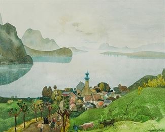 54
Millard Sheets
1907-1989
"Austria," 1963
Watercolor on wove paper, blindstamp Arches
Signed and dated lower right: Millard Sheets; titled from an accompanying loan agreement
Image/Sheet: 22" H x 30" W
Estimate: $2,000 - $3,000