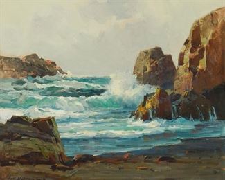 53
Jack Wilkinson Smith
1873-1949
"California Coast"
Oil on canvas
Signed lower left: Jack Wilkinson Smith; titled in pencil on the stretcher
20" H x 24" W
Estimate: $6,000 - $8,000