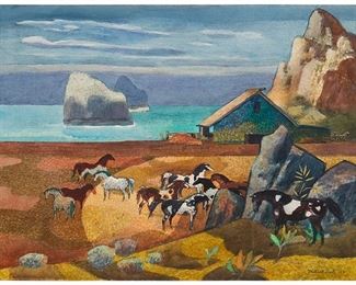 55
Millard Sheets
1907-1989
"Sonoma Coast With Pintos," 1981
Watercolor on paper, blindstamp Arches
Signed and dated lower right: Millard Sheets; titled from accompanying invoice
Image/Sheet: 22" H x 29.625" W
Estimate: $8,000 - $10,000
