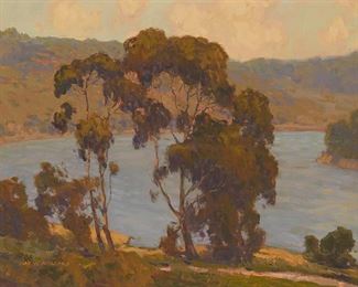 57
Daryl Millard
20th century
"Lake Hodges"
Oil on Masonite
Signed lower left: Daryl Millard; titled in pencil on the backing board
16" H x 20" W
Estimate: $1,500 - $2,500