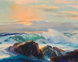 60
Bennett Bradbury
1914-1991
"Little Corona"
Oil on canvas
With the incised signature lower right: Bennett Bradbury; signed again and titled in ink on the stretcher
18" H x 24" W
Estimate: $1,000 - $2,000