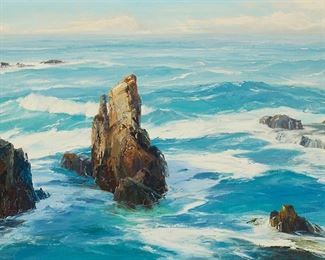 61
Bennett Bradbury
1914-1991
"Sea Otter Cove"
Oil on canvas
With the incised signature lower left: Bennett Bradbury; signed again, titled, and inscribed, verso: From the Artist's Studio; also with the artist's copyright ink stamp, verso
24" H x 36" W
Estimate: $1,500 - $2,000