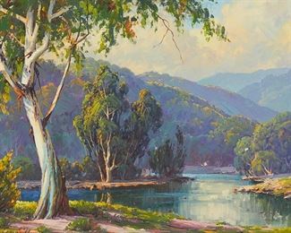 63
Paul Grimm
1891-1974
"Fertile Places"
Oil on canvas laid to panel
Signed lower left: Paul Grimm; signed again and titled verso
20" H x 26" W
Estimate: $800 - $1,200