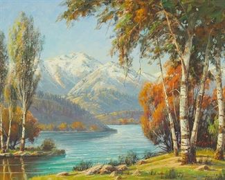 67
Paul Grimm
1891-1974
"Golden Touch Of Autumn," 1969
Oil on Masonite
Signed lower right: Paul Grimm; signed again, titled, dated, and inscribed verso: High Sierras
20" H x 30" W
Estimate: $2,000 - $4,000