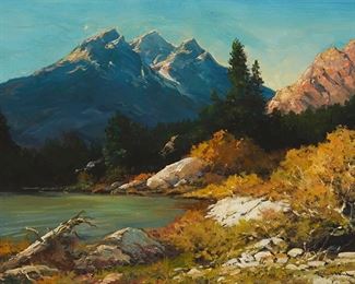 68
Robert Wood
1889-1979
"Grand Teton National Park," Circa 1970
Oil on canvas
Signed lower right: Robert Wood; signed again and titled verso; with the artist's copyright ink stamp verso
18" H x 24" W
Estimate: $2,000 - $3,000