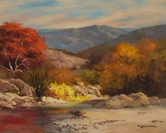 69
Robert Wood
1889-1979
"Desert Wash," 1969
Oil on canvas
Signed lower right: Robert White; signed again in ink and with the artist's thumbprint, verso; titled and dated in ink on the stretcher; with the artist's copyright ink stamp
20" H x 24" W
Estimate: $1,500 - $2,000