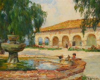 71
Anna Althea Hills
1882-1930
"Mission San Juan Capistrano"
Oil on canvas laid to a synthetic fabric support
Signed lower right: A. A. Hills; titled on a gallery label affixed to the stretcher
20" H x 24" W
Estimate: $5,000 - $7,000