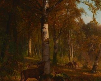 73
Thomas Hill
1829-1908
Deer In A Landscape, 1872
Oil on canvas
Signed and dated lower left: T. Hill; inscribed indistinctly, possibly in another hand, on a label affixed to the verso of the frame: [***bridge]
36" H x 29" W
Estimate: $20,000 - $30,000