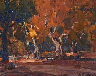 74
Hanson Duvall Puthuff
1875-1972
"Grove In Autumn"
Oil on Masonite
Signed lower right: H. Puthuff; titled in ink verso
8" H x 10" W
Estimate: $2,500 - $3,500