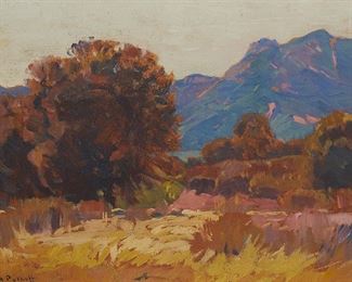 75
Hanson Duvall Puthuff
1875-1972
"Clear Morning," 1916
Oil on artist board
Signed lower left: H. Puthuff; signed again and titled in ink, and with the incised date verso
12" H x 16" W
Estimate: $2,000 - $3,000