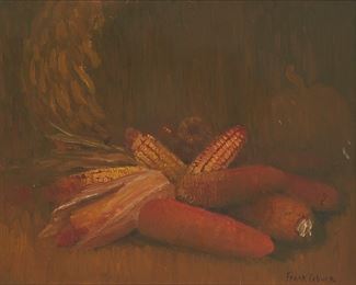 78
Frank Coburn
1862-1938
"Still Life With Corn," Circa 1910-15
Oil on artist board
Signed lower right: Frank Coburn; titled and dated on a gallery label affixed to the backboard of the frame
16" H x 20" W
Estimate: $1,500 - $2,500